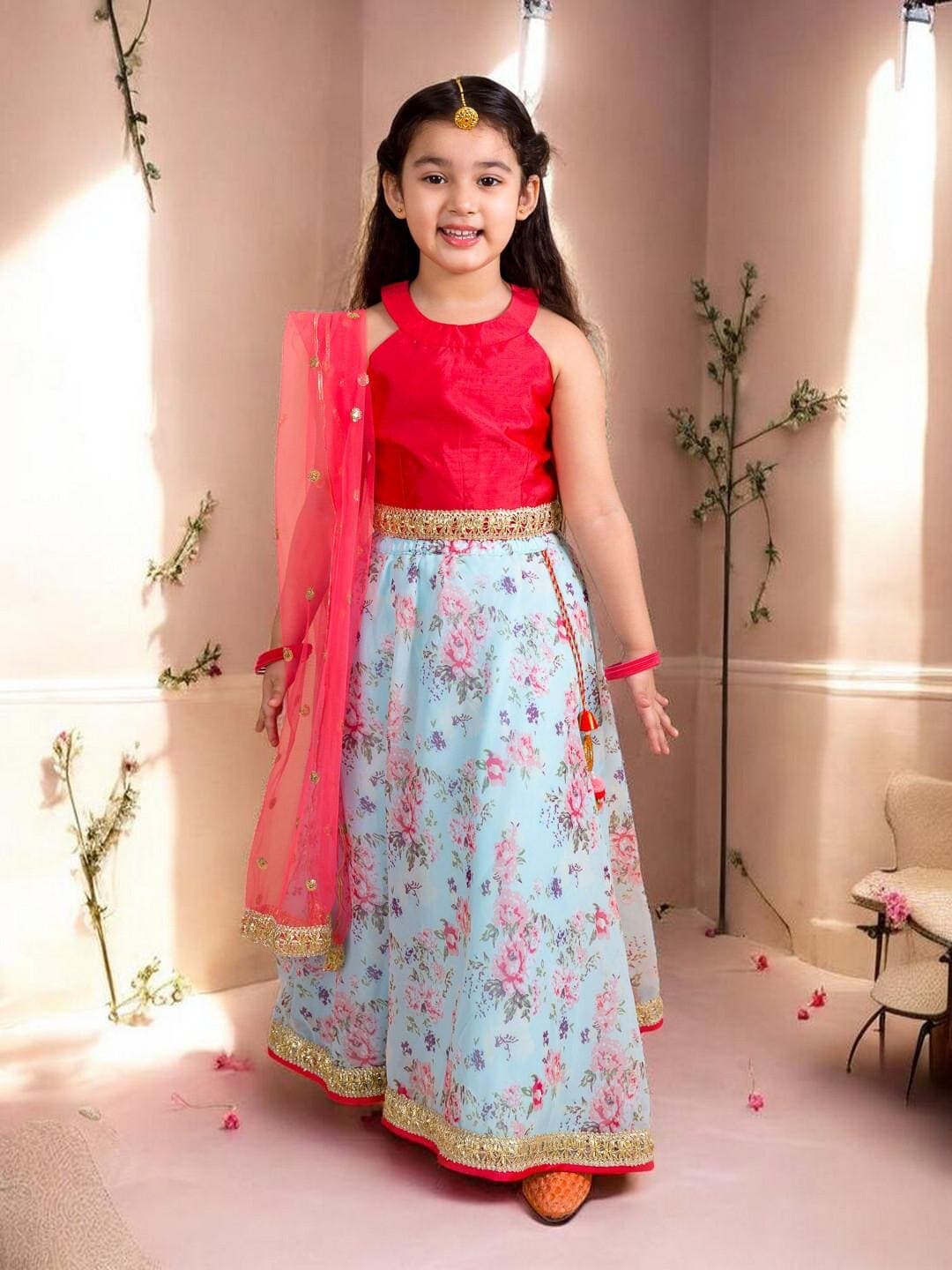 Girls Lehenga Set | Pink Blue Floral Choli with Scarf