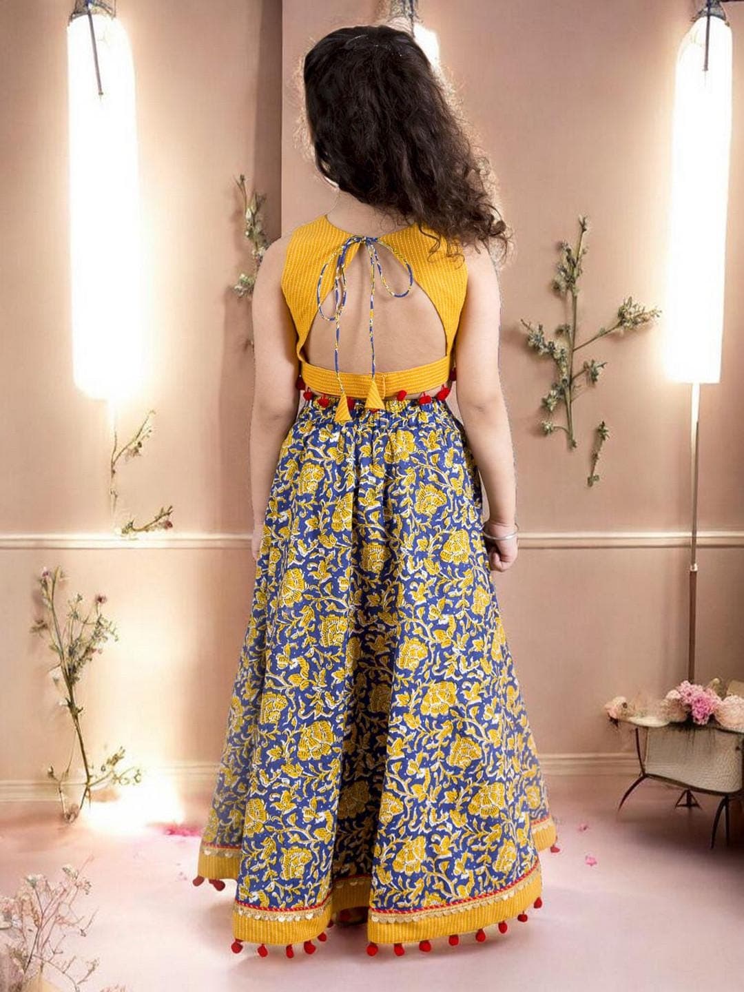 Girls Navy Lehenga Set | Yellow Embroidered Cotton Blouse - image 3