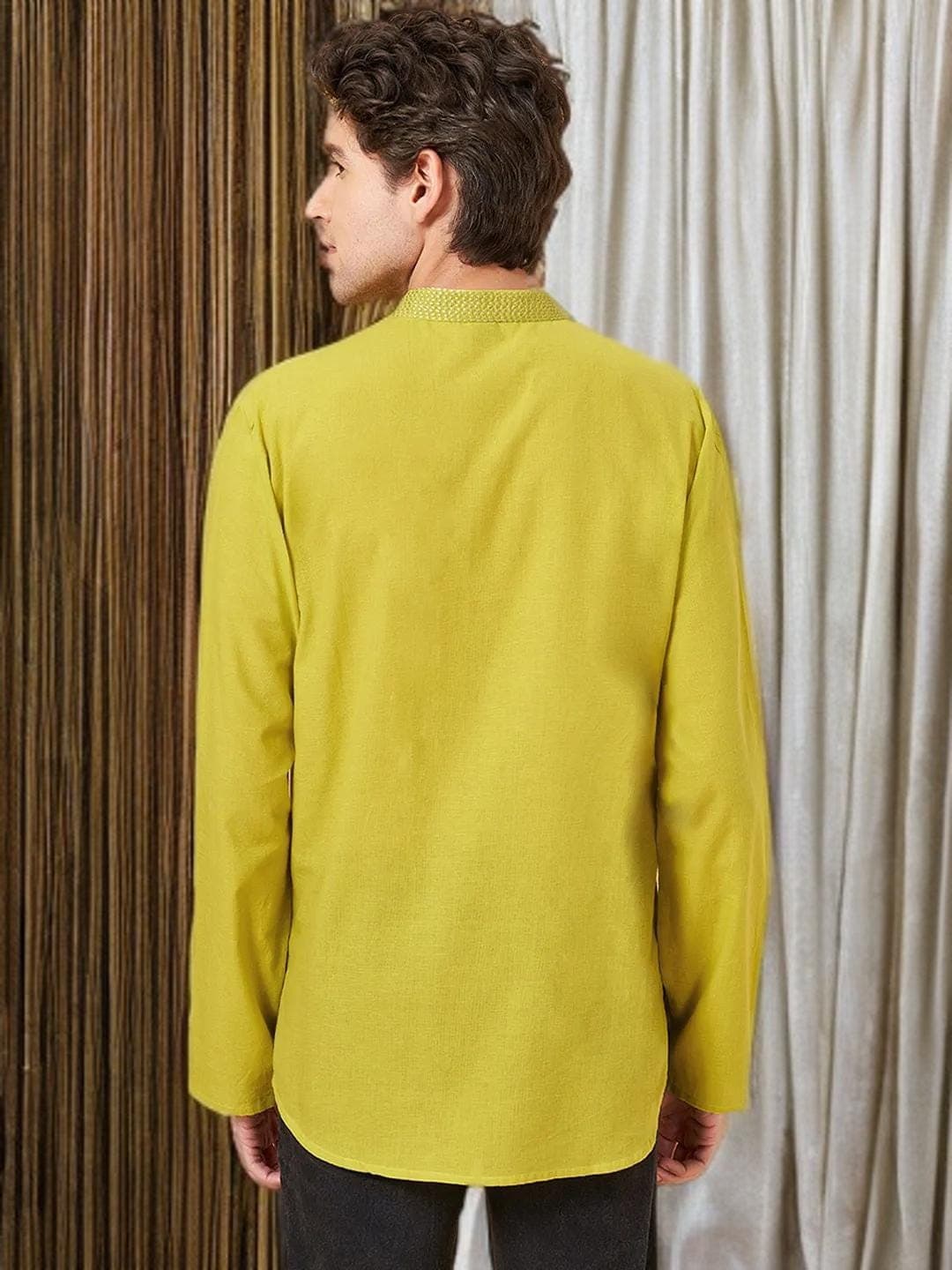 Yellow Pathani Kurta Mens Cotton Traditional Wear - image 3
