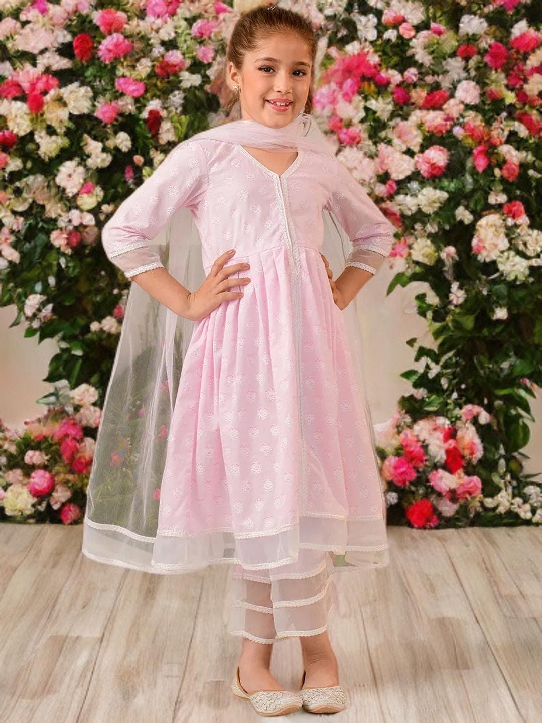Girls Anarkali Set | Pink Cotton Palazzos Ethnic Wear