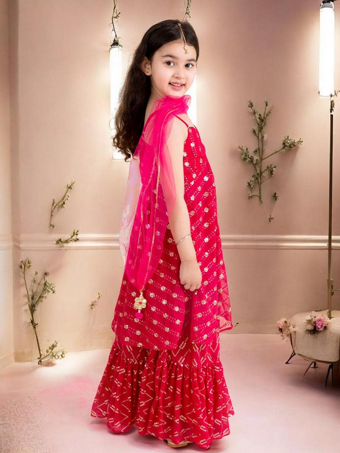 Girls Magenta Lehenga | Gold Sequinned Festive Set - image 3