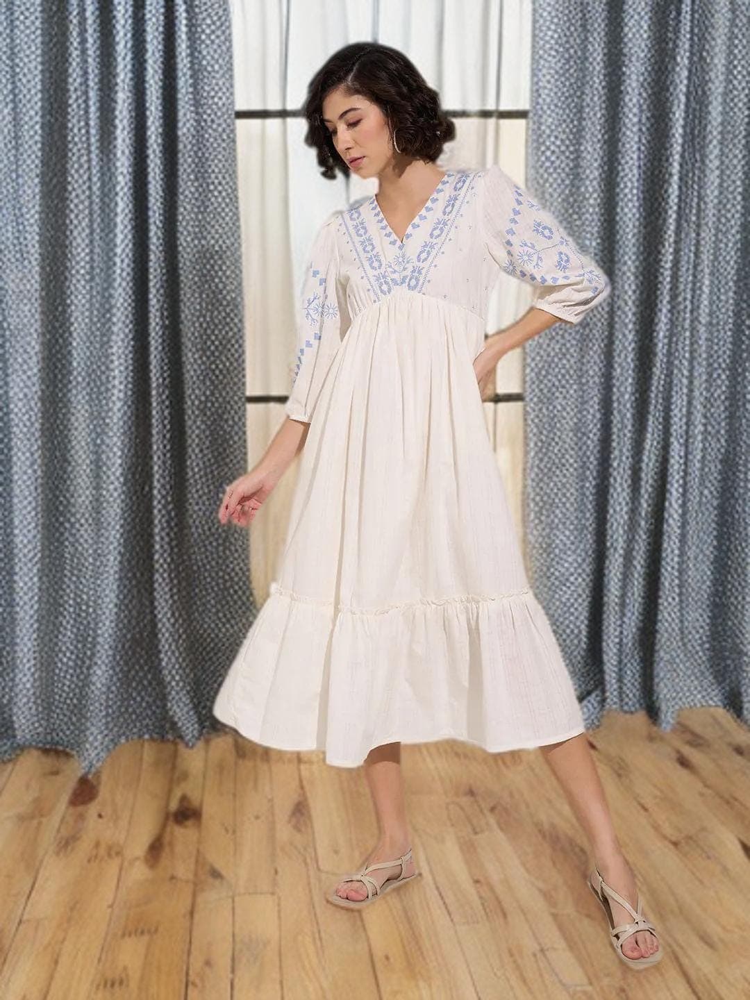 Off White Midi Dress Cotton Boho Style
