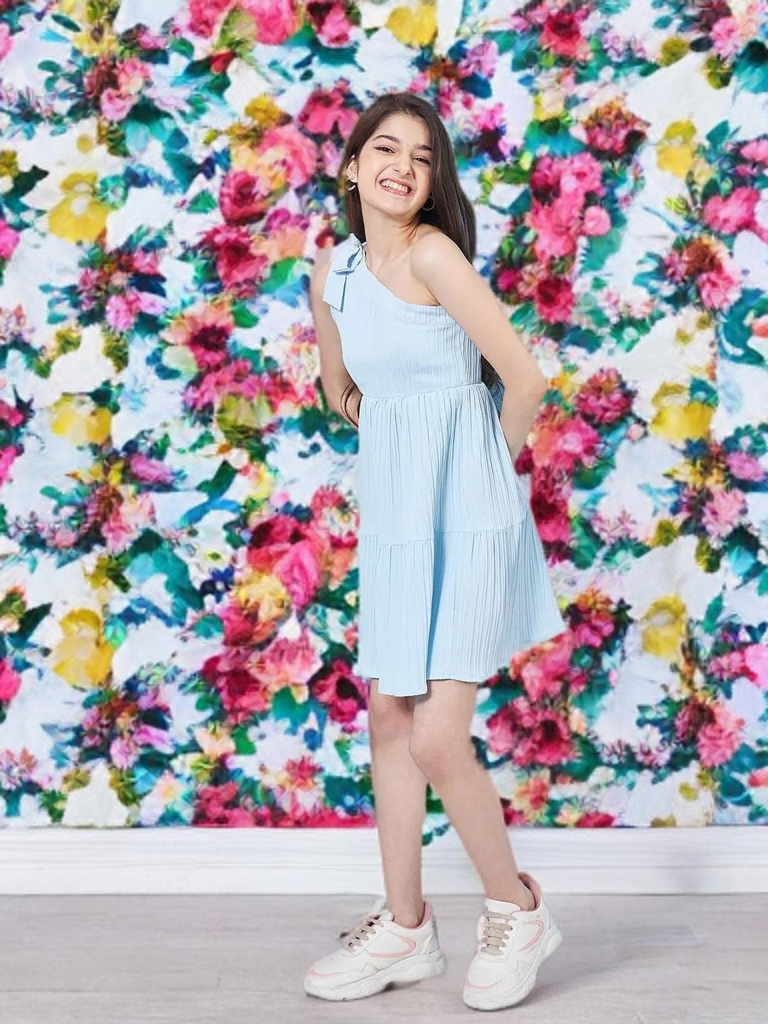 Girls One Shoulder Dress | Blue Striped Crepe Party - image 4