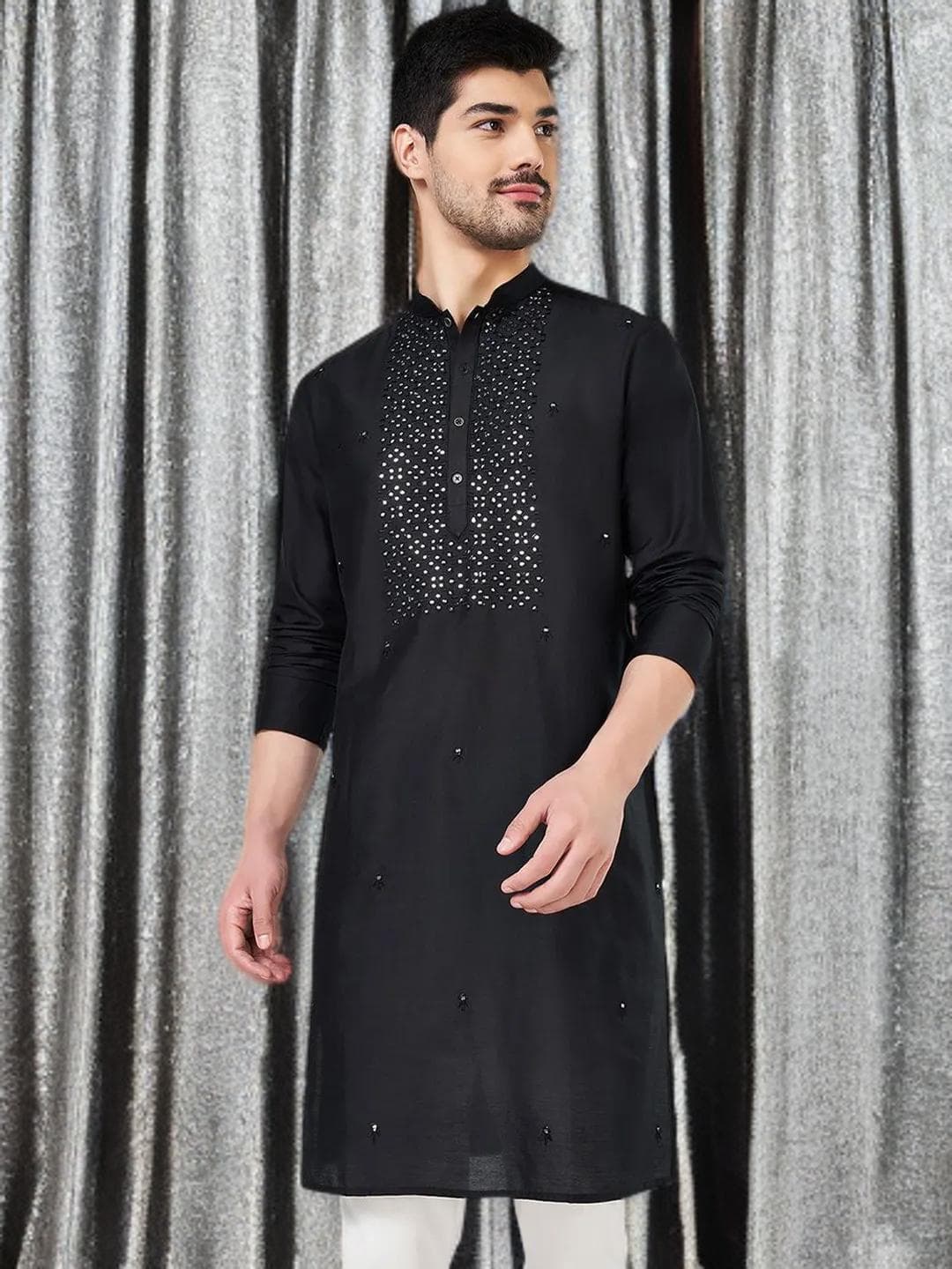 Black Kurta Mens Mirror Work Festive Wear