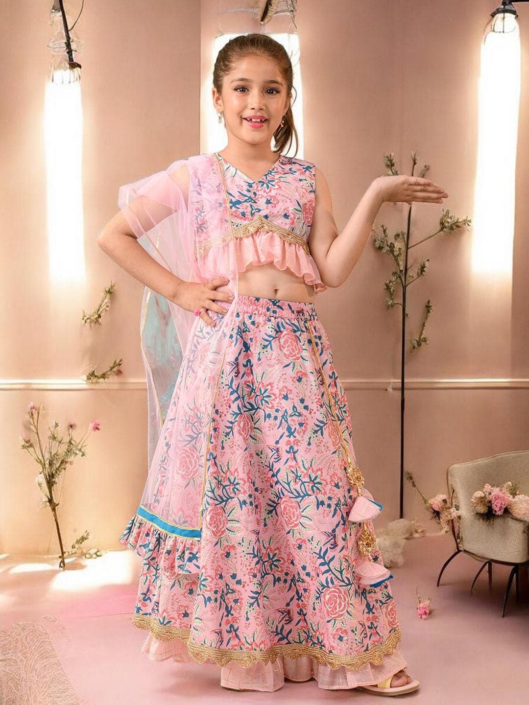 Girls Lehenga Set | Pink Blue Cotton V Neck Scarf - image 4