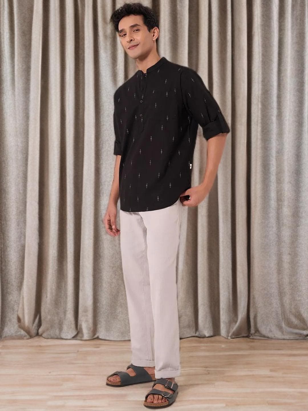 Black Grey Kurta Mens Geometric Print Cotton - image 3