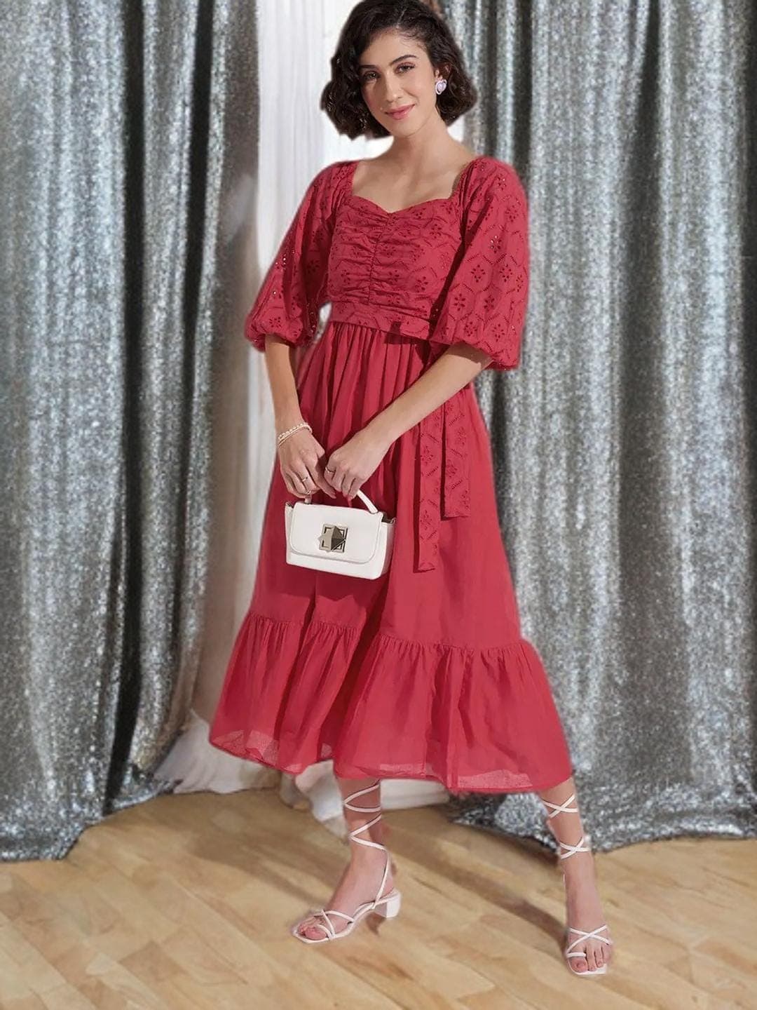 Red Fit Flare Dress Sweetheart Neck Midi