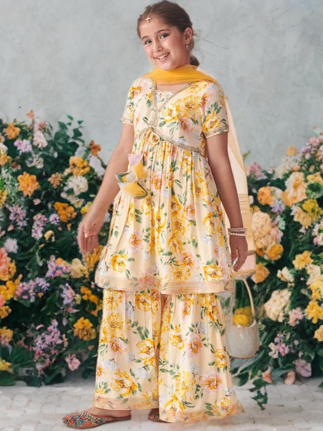 Girls Wedding Outfit | Floral Sharara Kurta Set - image 5