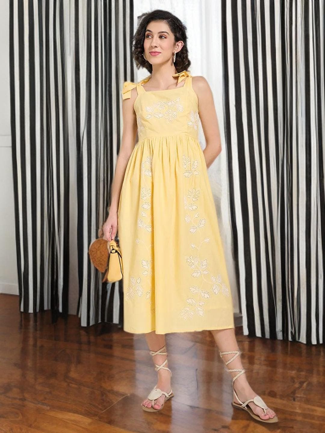 Beige Floral Dress Midi Wedding Guest Outfit