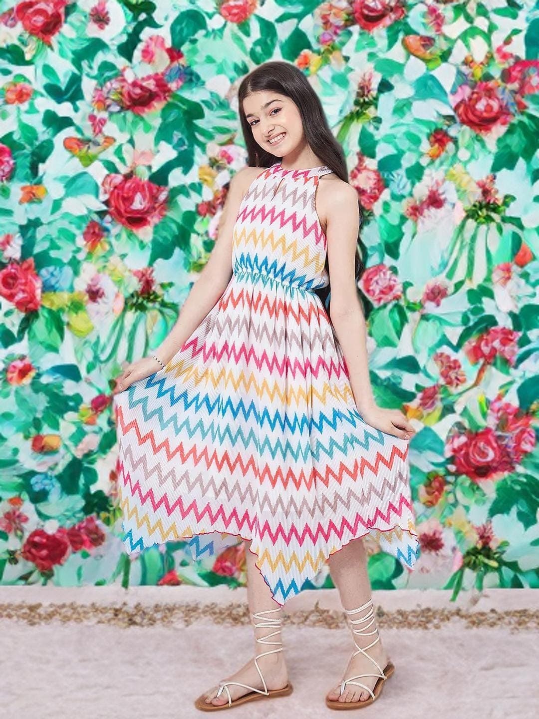 Girls Midi Dress | White Geometric Fit & Flare - image 4