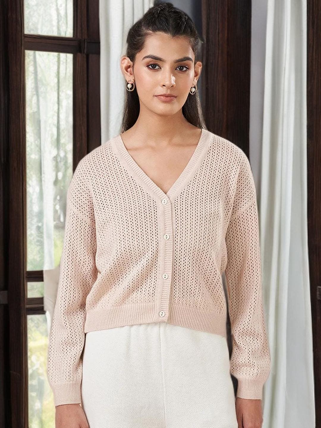 Beige Cardigan Cotton Blend Long Sleeve Wrap