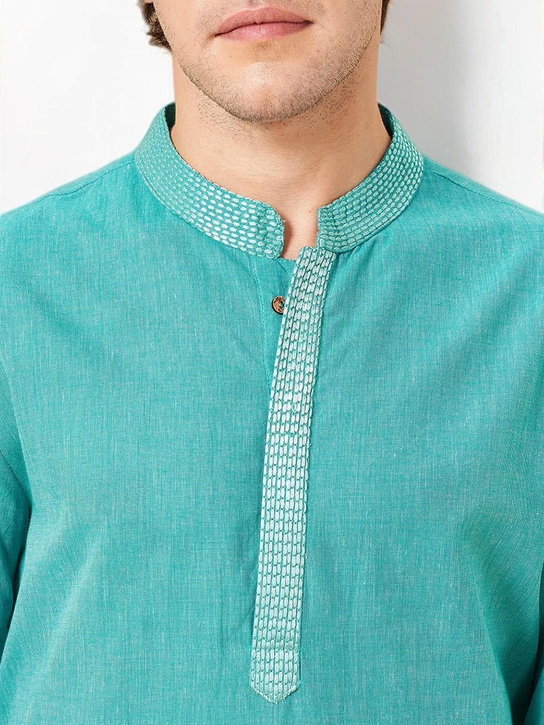 Green Kurta Mens Cotton Thread Work Tunic - image 5