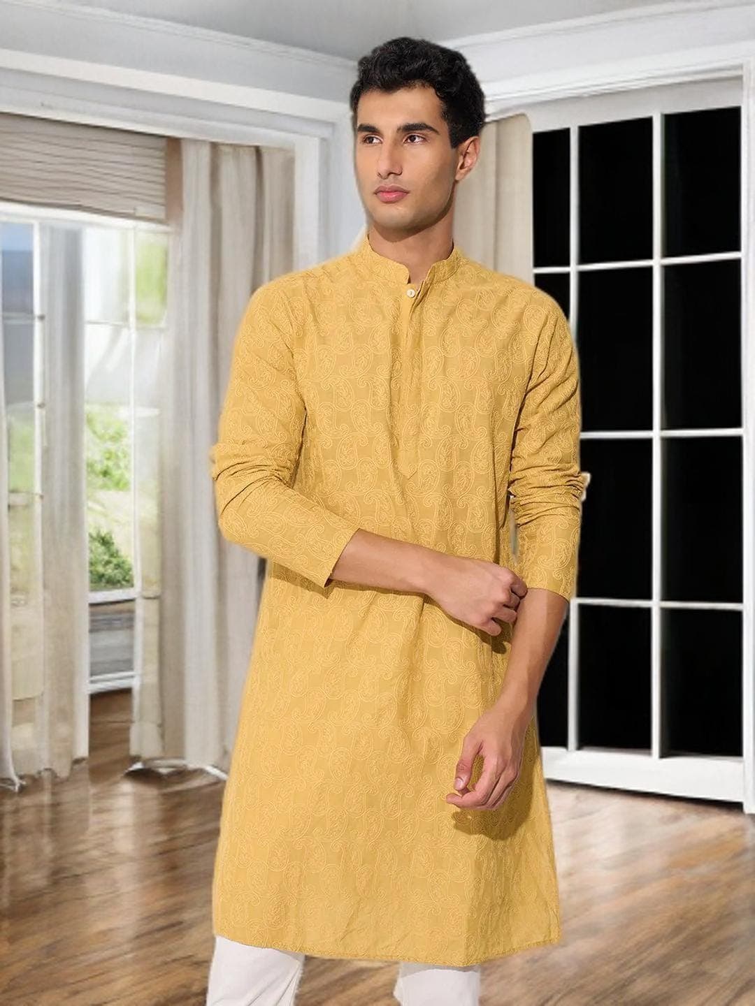Wedding Guest Kurta | Mustard Embroidered Men's Kurta