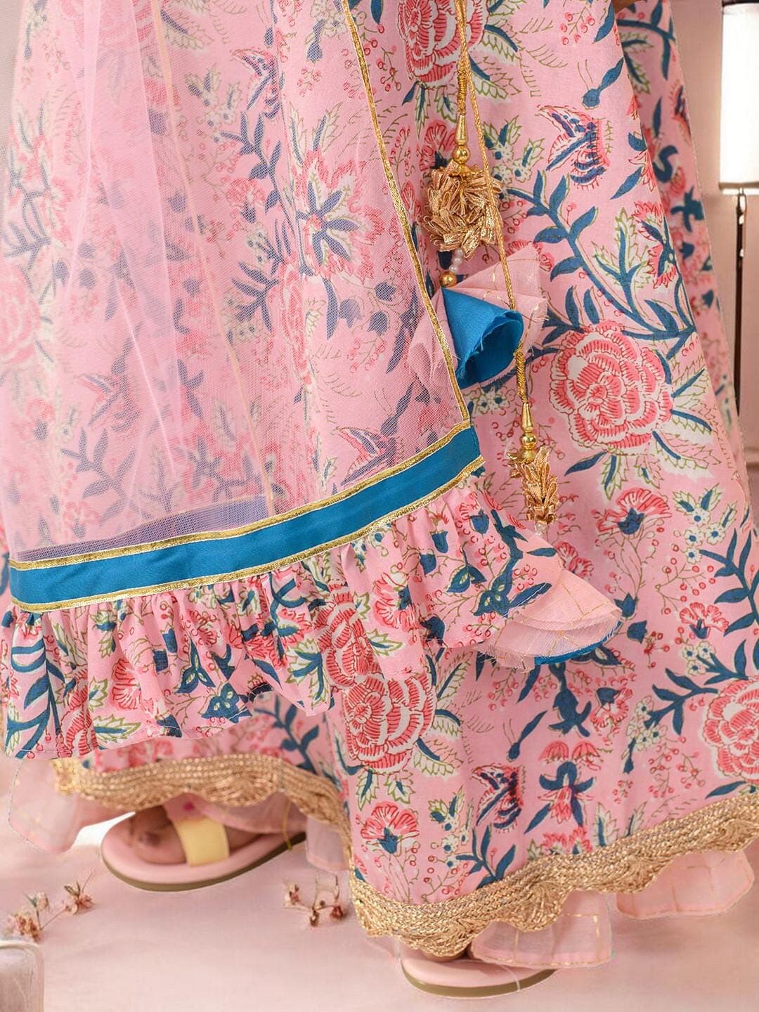 Girls Lehenga Set | Pink Blue Cotton V Neck Scarf - image 3