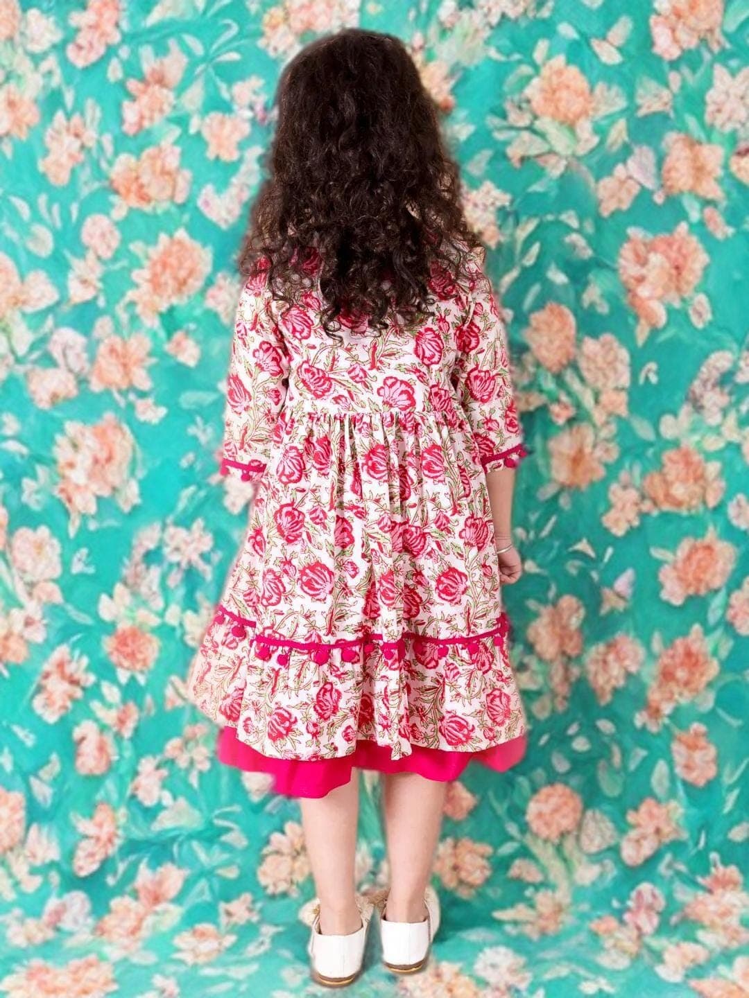 Girls Magenta Floral Dress | Cotton A Line with Shrug - image 3