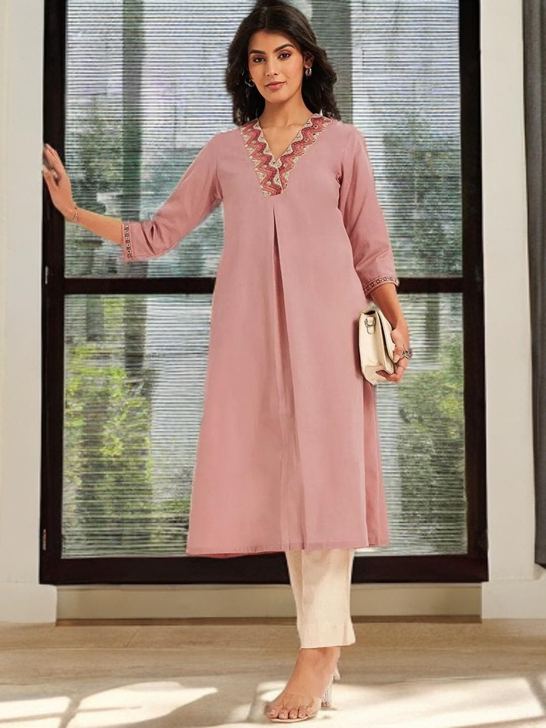 Peach Kurta Mirror Work Indian Traditional