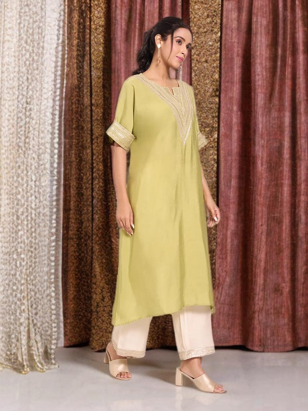 Green Kurta Flared Sleeves Indian Wedding Outfit - image 5