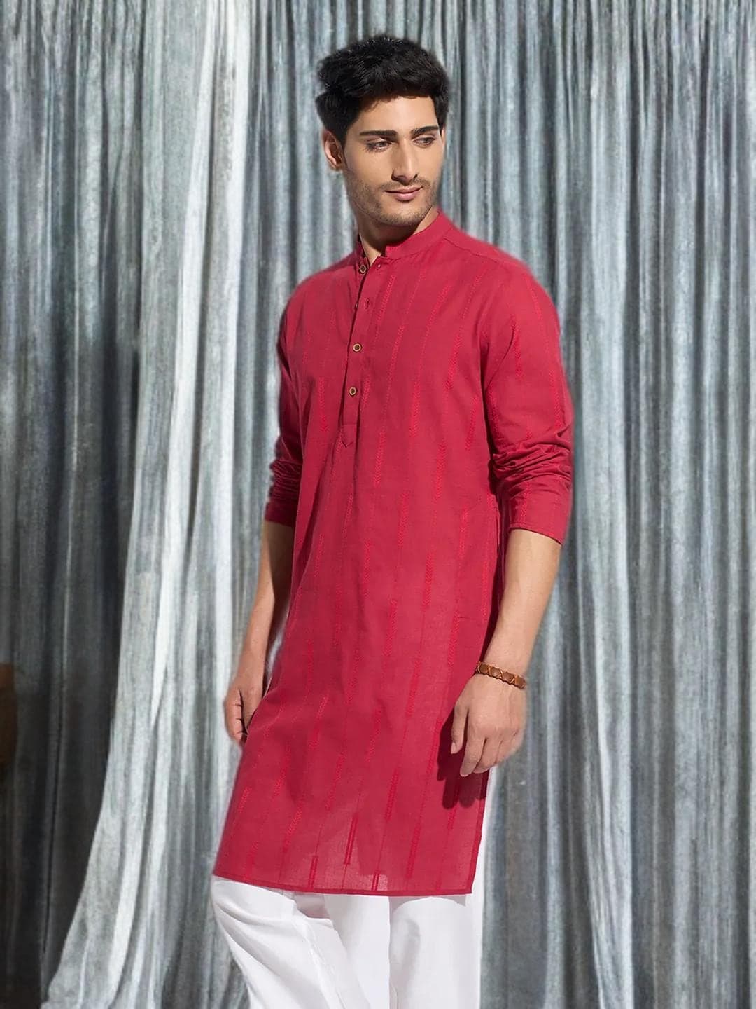 Red Cotton Kurta Mens Traditional Wedding Wear - image 4