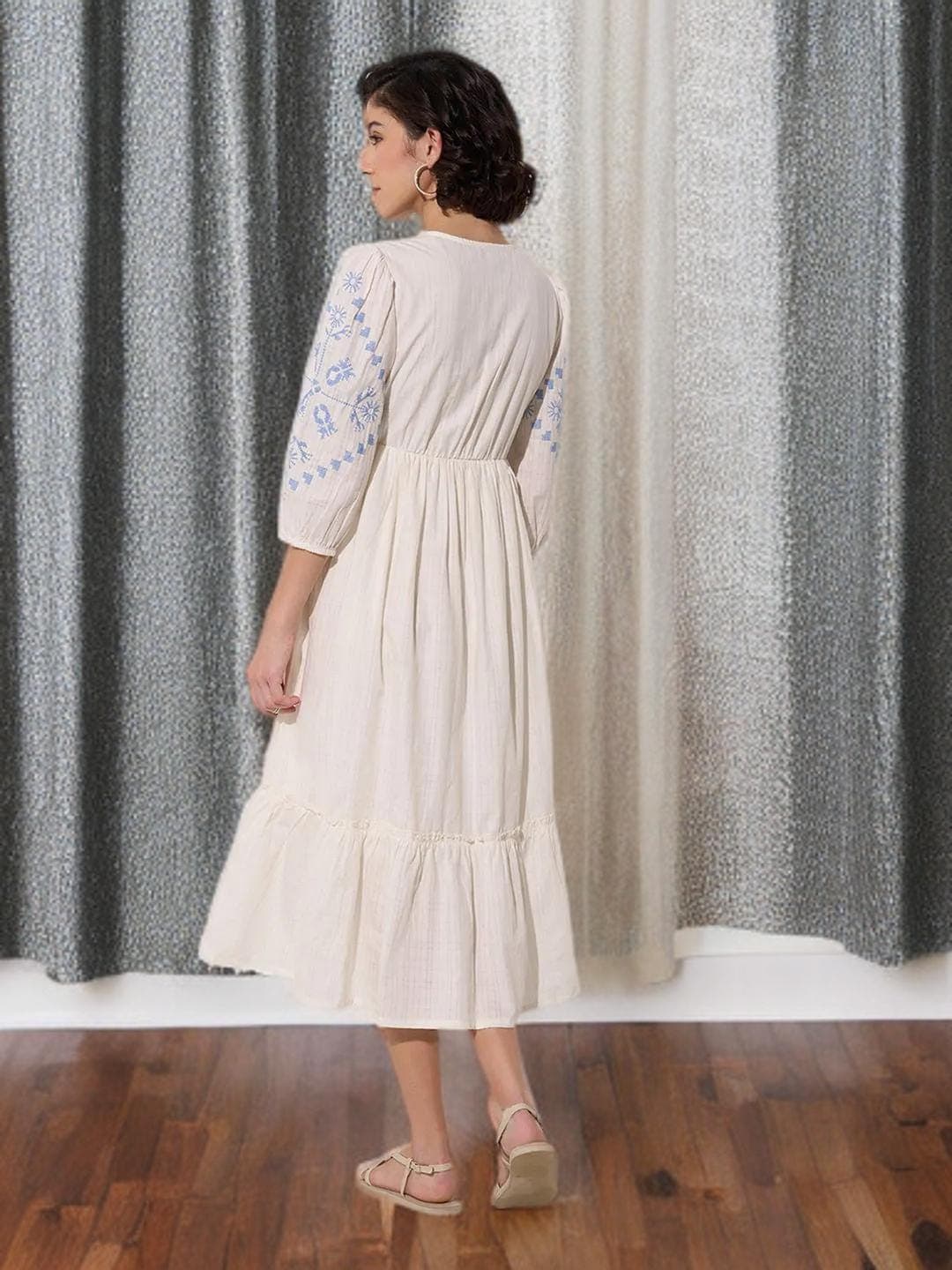 Off White Midi Dress Cotton Boho Style - image 4
