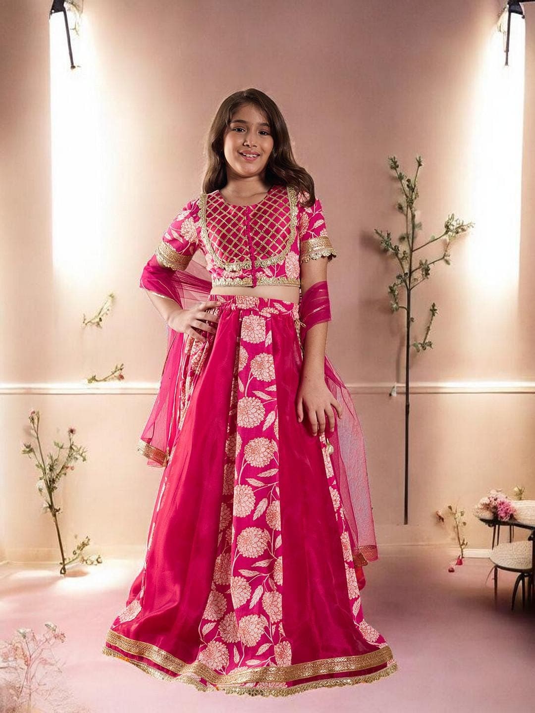 Girls Magenta Lehenga | Gold Print Silk Blend Festive Set - image 5