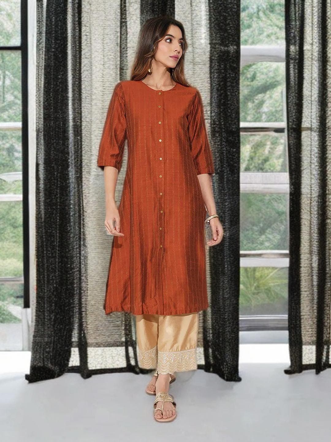 Rust Striped Kurta Indian Traditional Wear - image 5