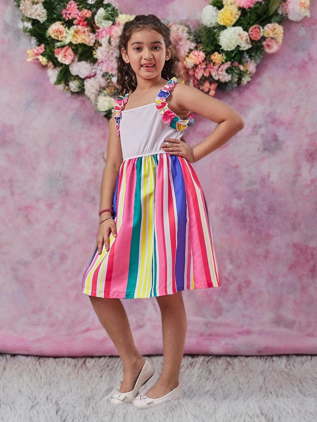 Girls Striped Dress | Pink Blue Fit Flare Sleeveless - image 3