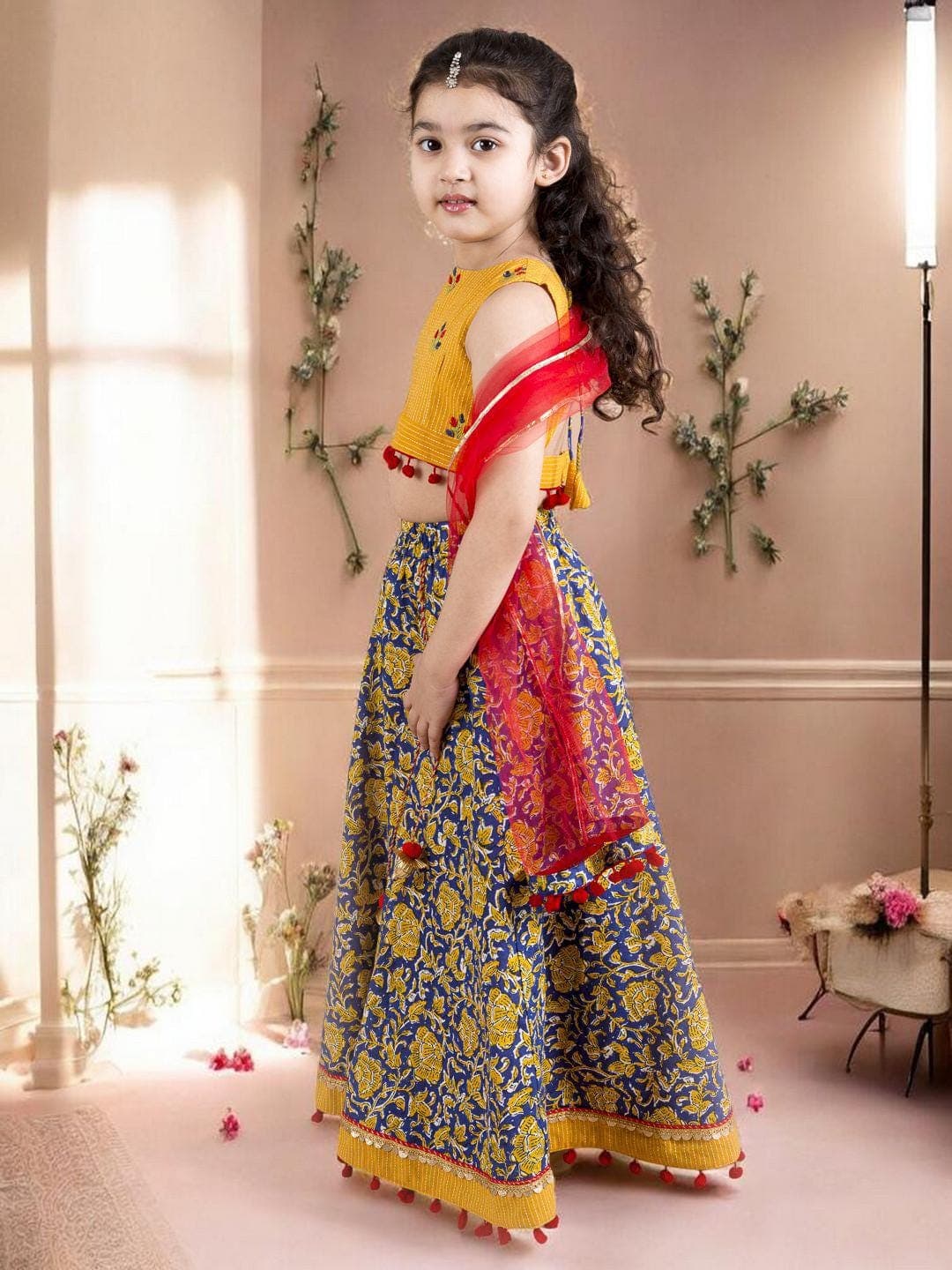 Girls Navy Lehenga Set | Yellow Embroidered Cotton Blouse