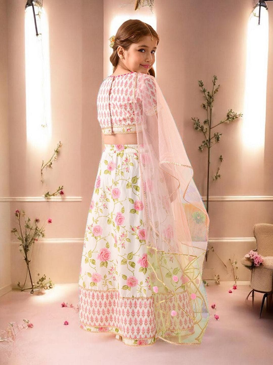 Girls Off White Lehenga | Pink Print Cotton Festive Set - image 4