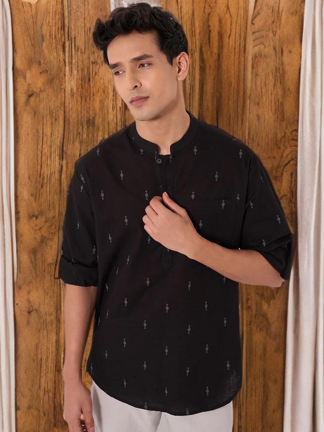 Black Grey Kurta Mens Geometric Print Cotton