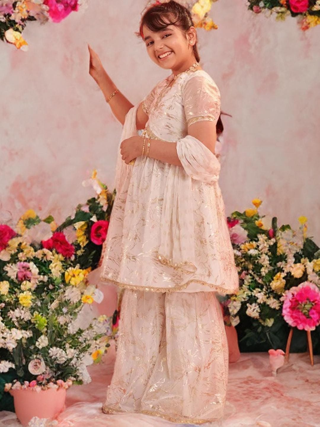 Girls Party Wear Set | White Sharara Kurta with Dupatta - image 5
