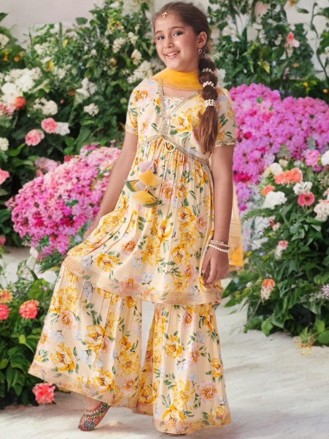 Girls Wedding Outfit | Floral Sharara Kurta Set - image 3