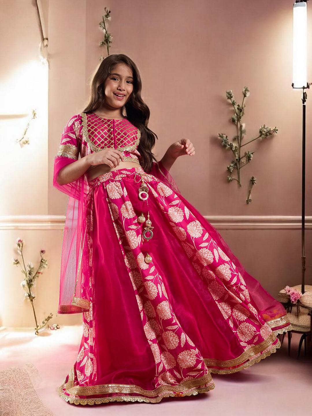 Girls Magenta Lehenga | Gold Print Silk Blend Festive Set