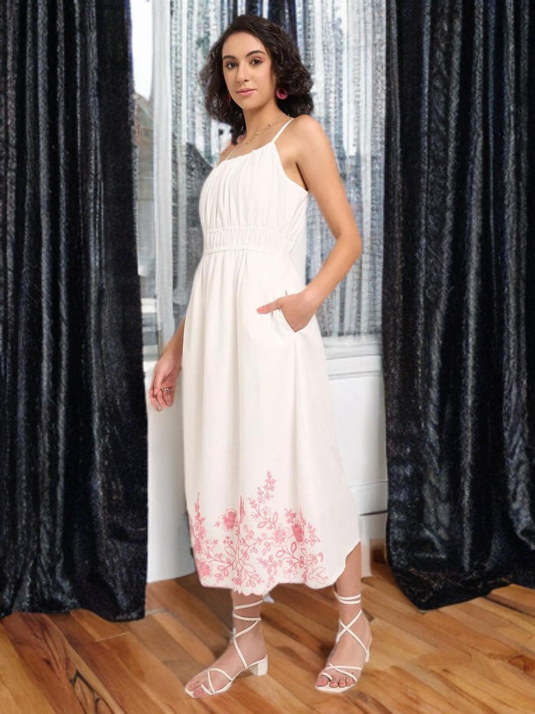 Pink Floral Dress Cotton Midi Wedding Guest - image 4