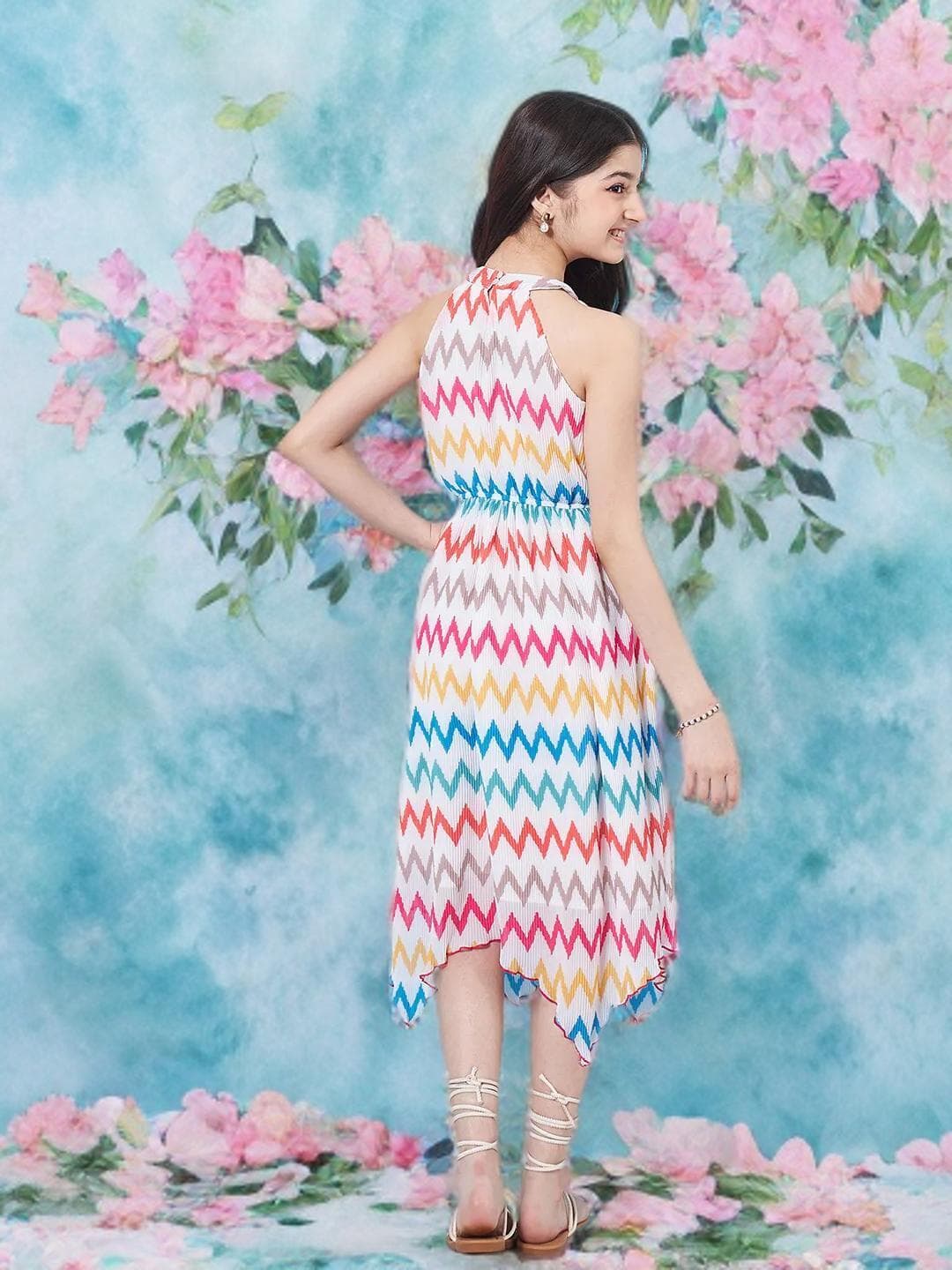 Girls Midi Dress | White Geometric Fit & Flare - image 3