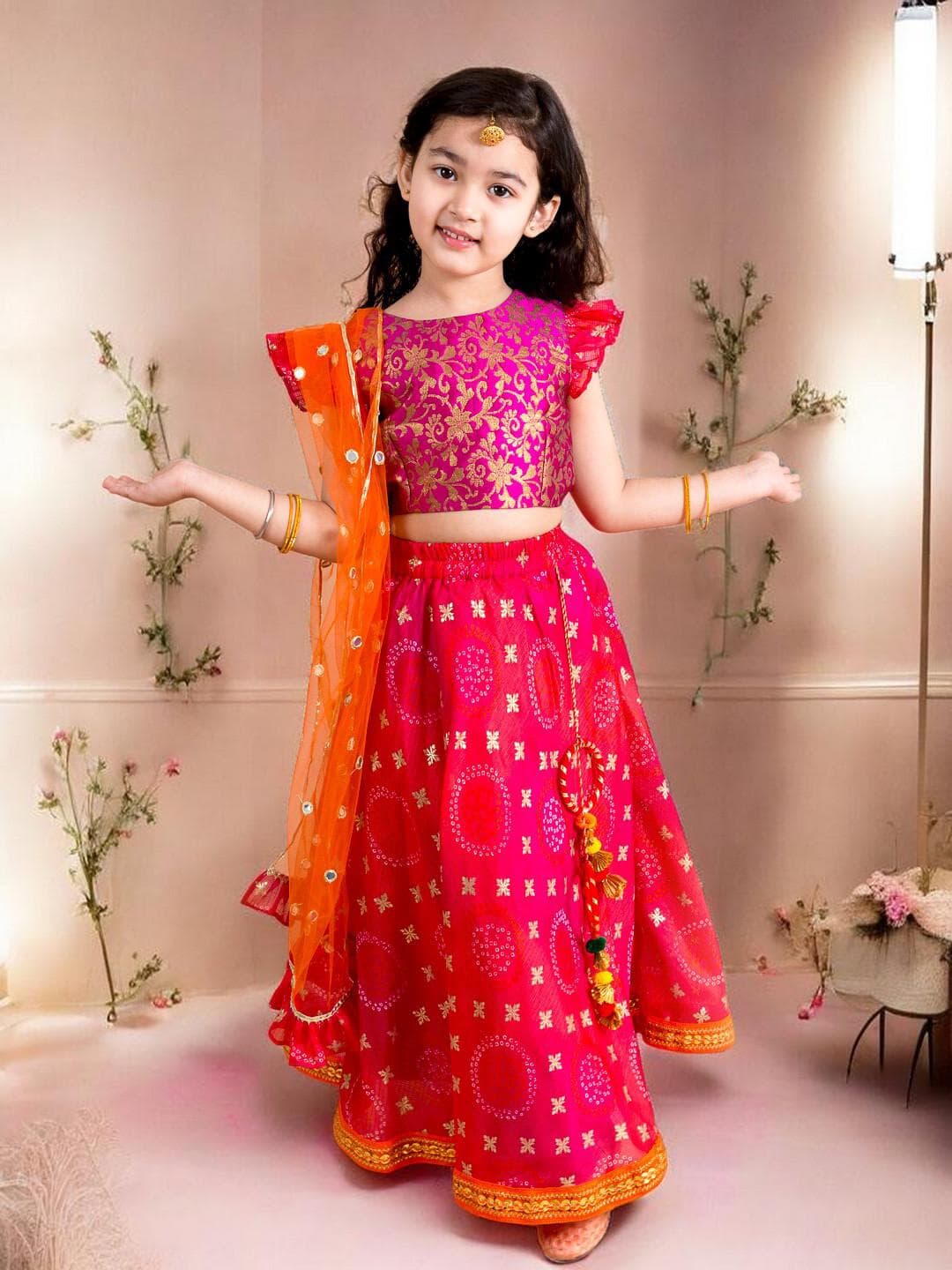 Girls Pink Orange Lehenga | Woven Design Festive Set - image 3