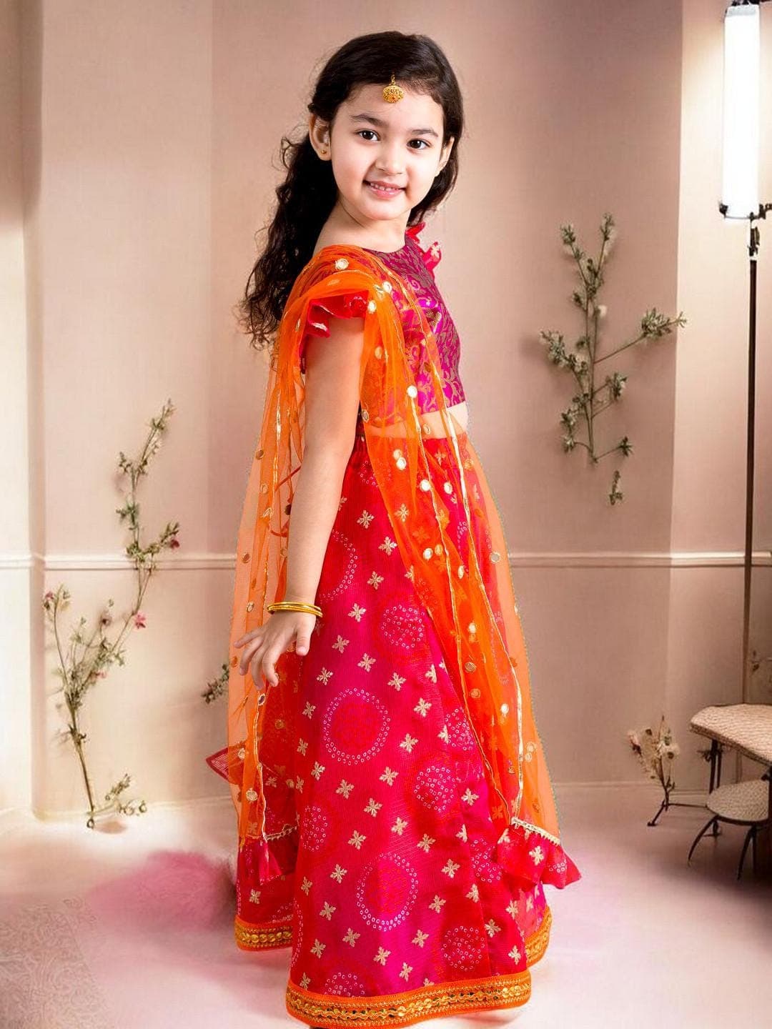 Girls Pink Orange Lehenga | Woven Design Festive Set