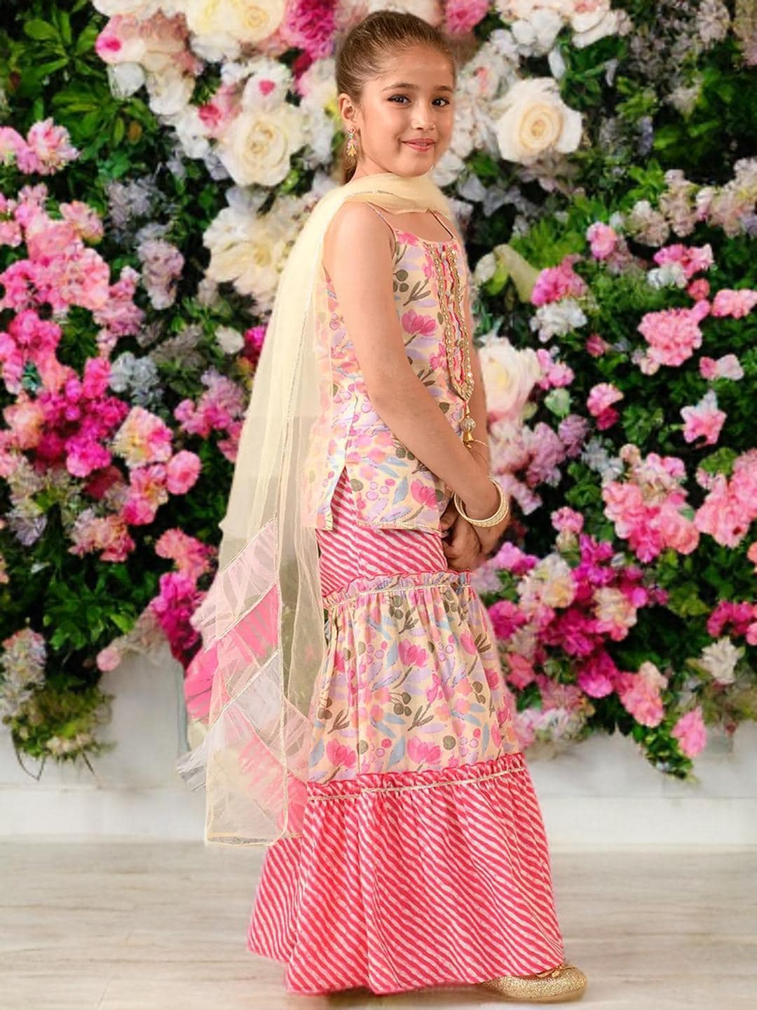 Girls Floral Sharara Set | Pink Cotton Kurta with Scarf - image 5
