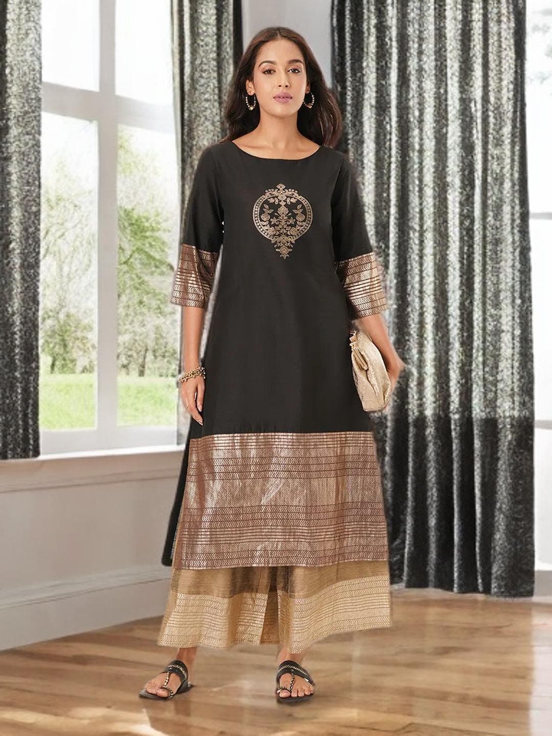 Gold Palazzos Indian Flared Ethnic Bottoms - image 5