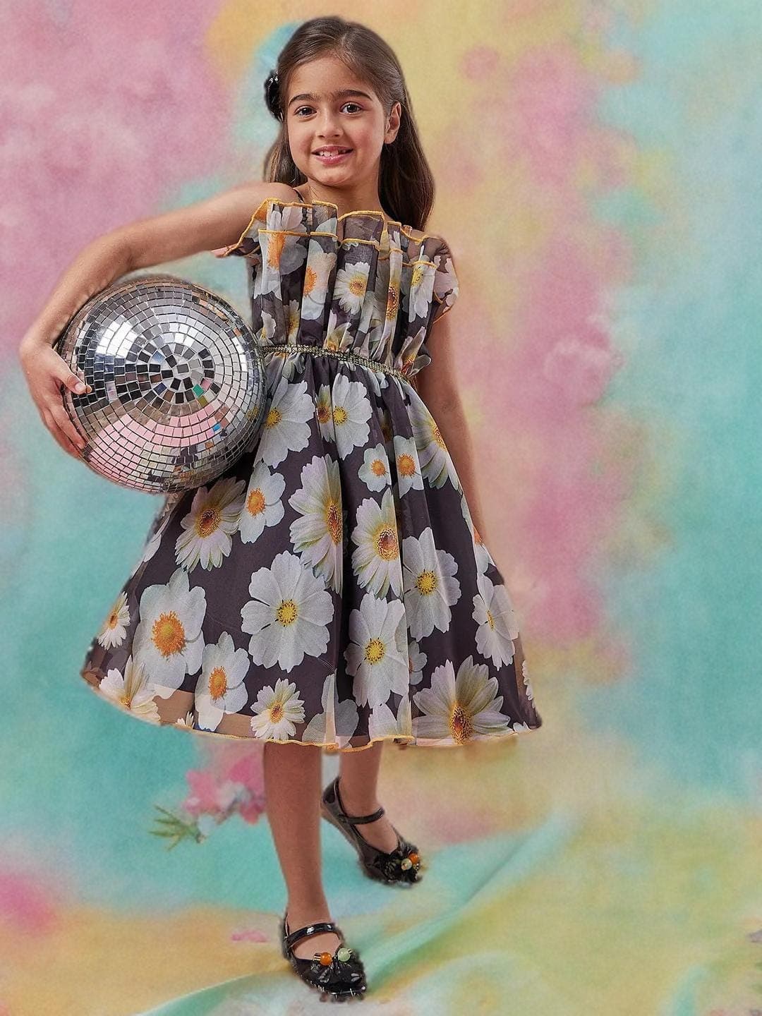 Girls Black Floral Dress | Fit & Flare Midi Party - image 5