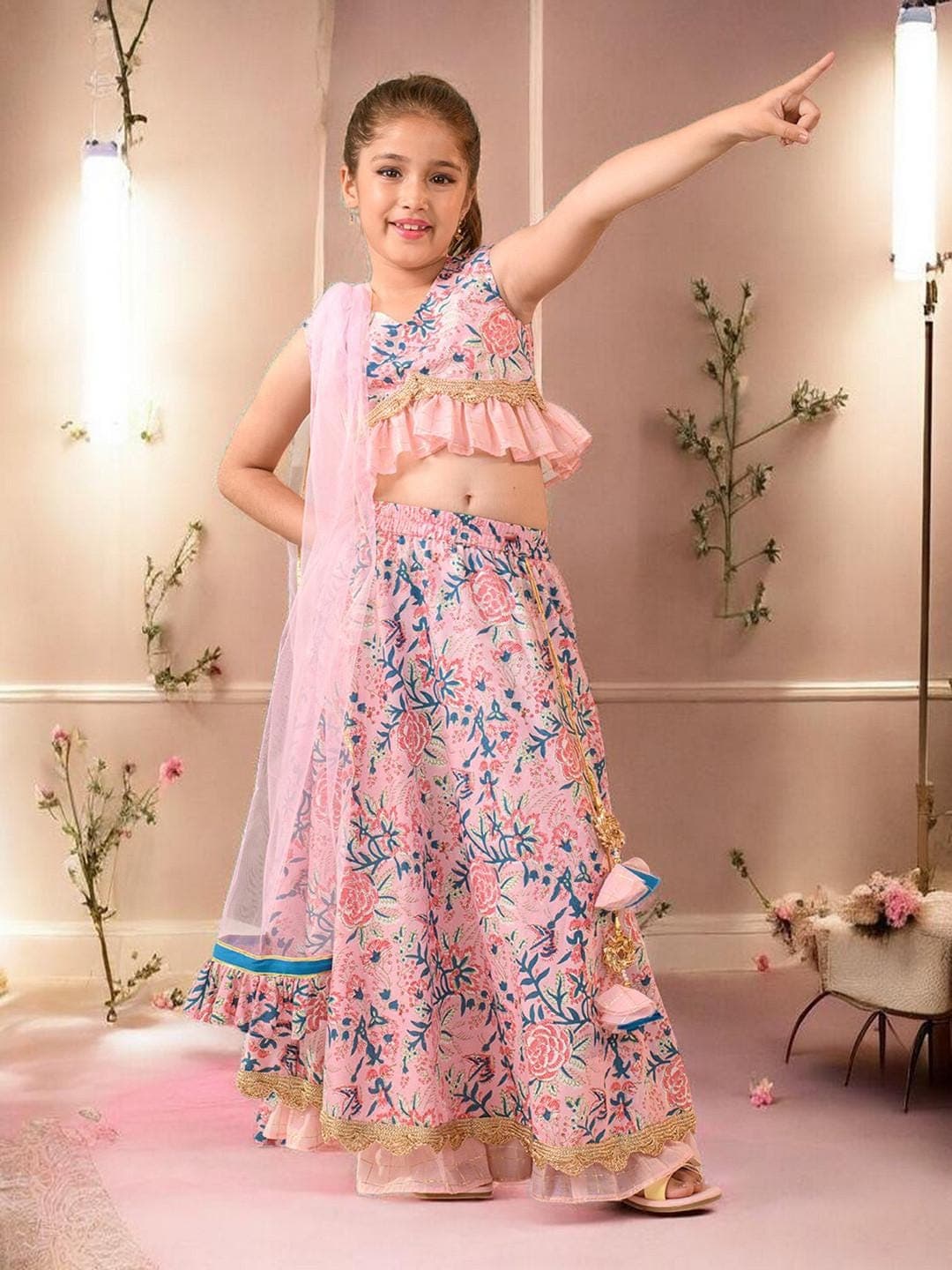 Girls Lehenga Set | Pink Blue Cotton V Neck Scarf