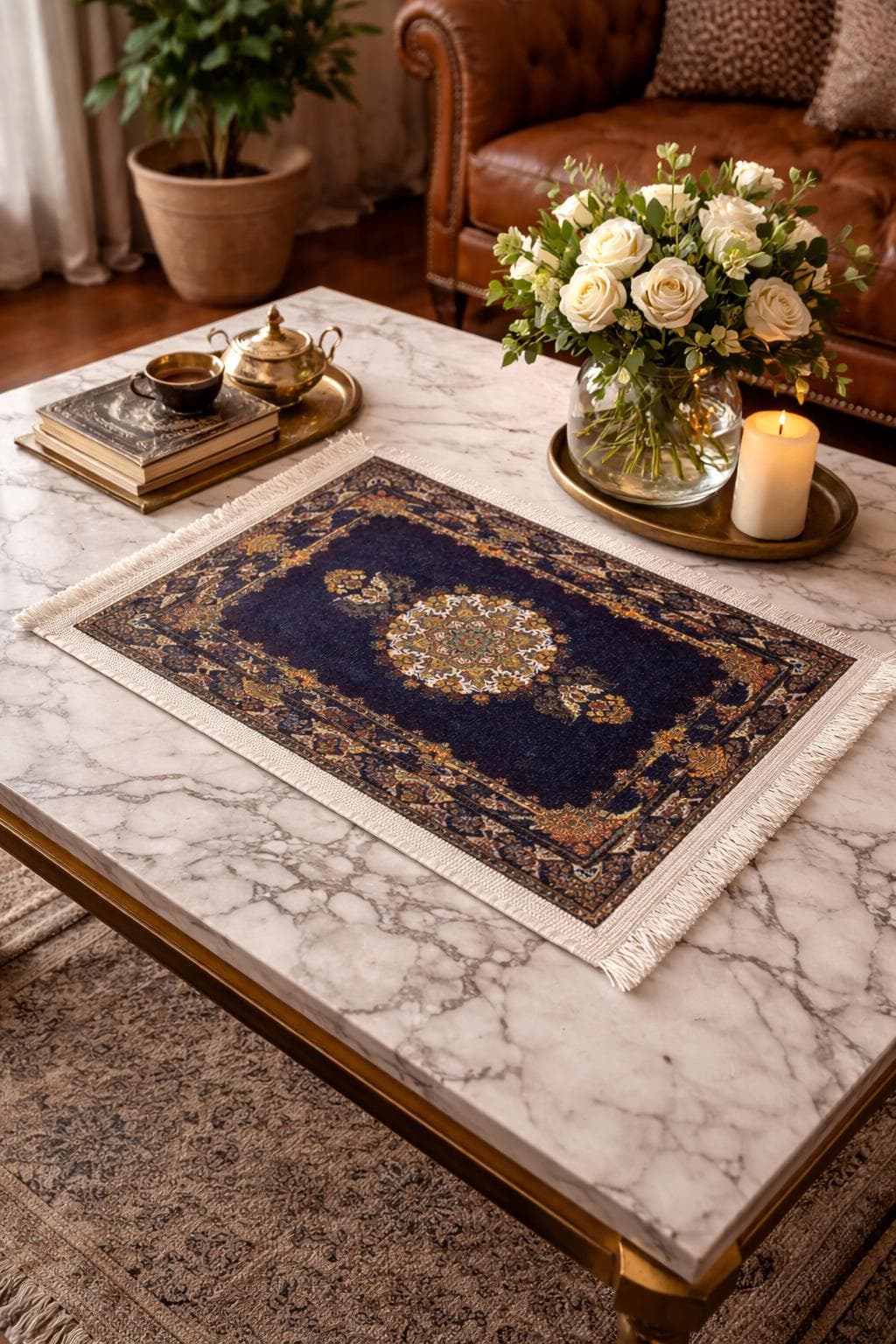 Vintage Persian Style Bamboo Rug, Washable Table Accent, Boho Farmhouse Decor - image 4