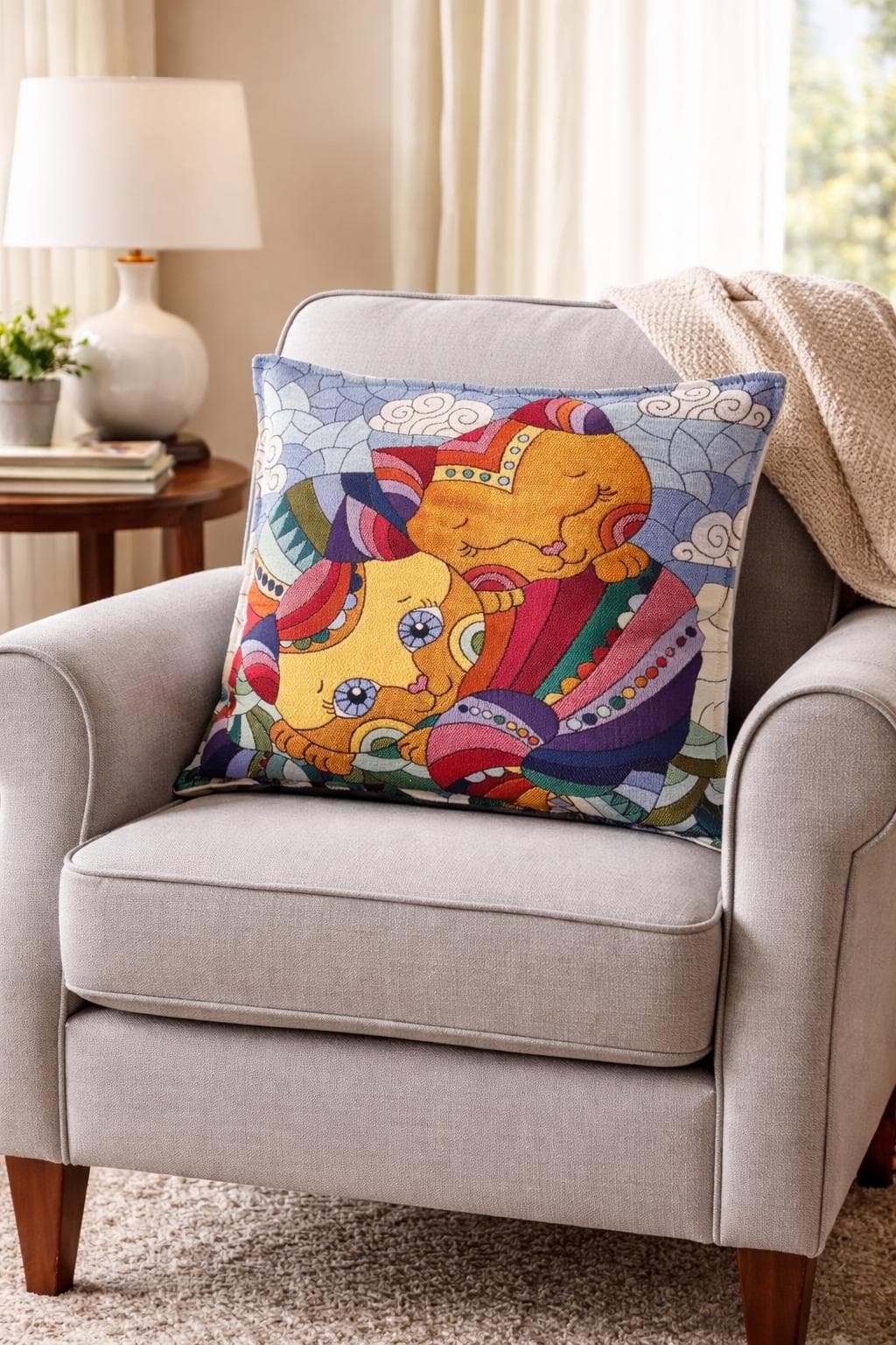 Cat Throw Pillow Cover – Colorful Whimsical Cat Art Cushion, Boho Home Decor, Gift for Cat Lovers