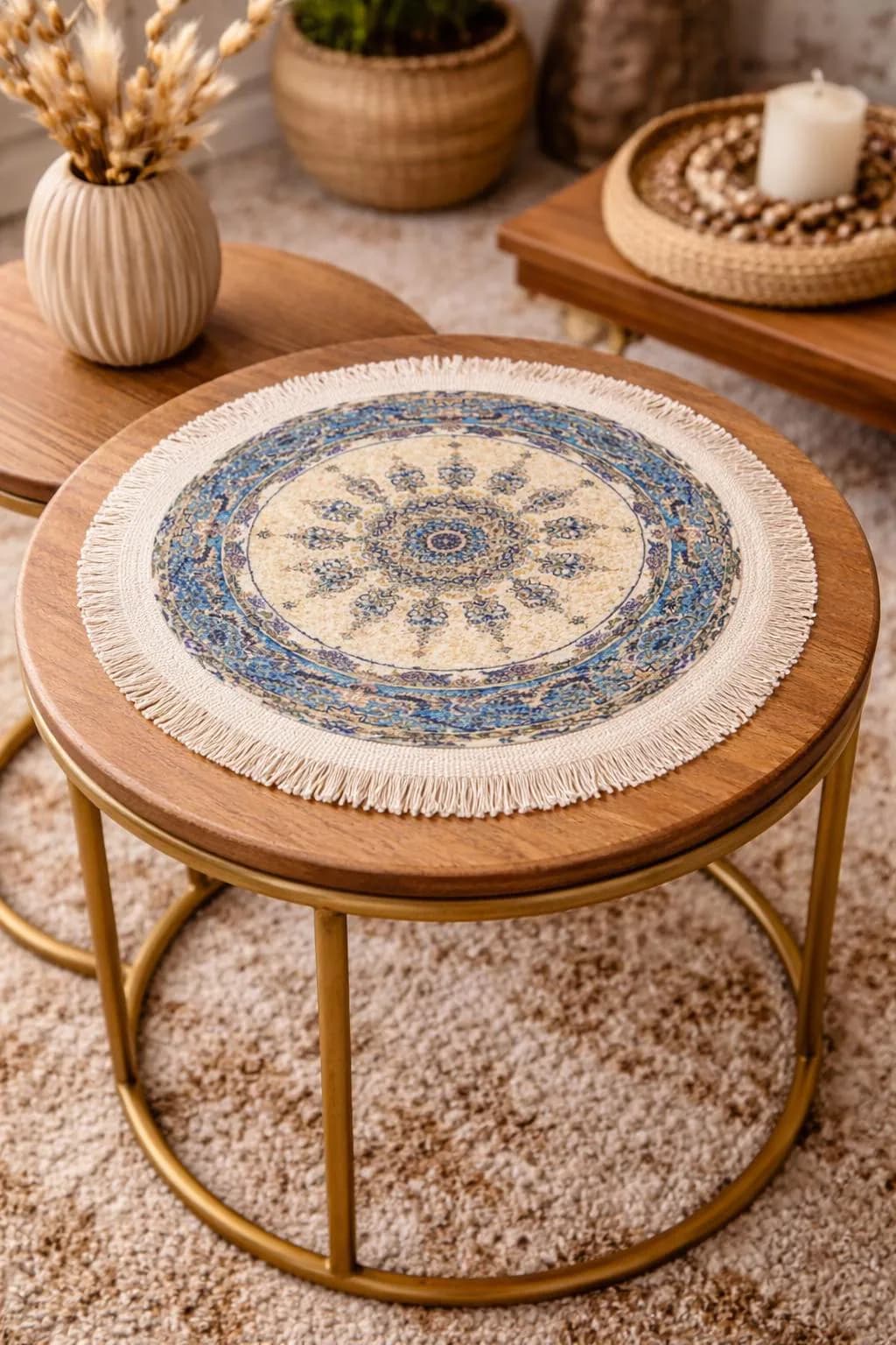 Mini Handmade Turkish Rug, Round Bamboo Mat, Boho Decor