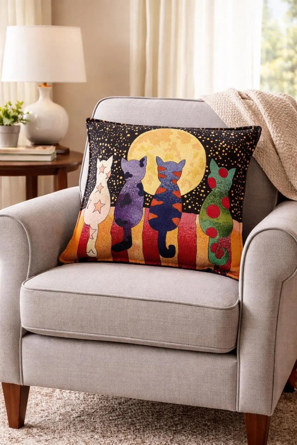 Cat Throw Pillow Cover – Colorful Whimsical Cat Art Cushion, Boho Home Decor, Gift for Cat Lovers - image 5