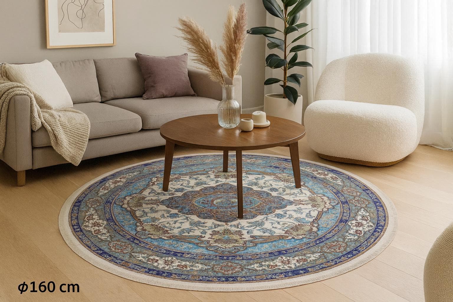 Bohemian Round Bamboo Rug – Soft Handwoven Oriental Carpet, Turkish Boho Decor, Eco-Friendly