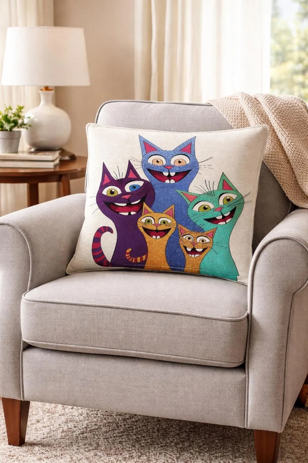 Cat Throw Pillow Cover – Colorful Whimsical Cat Art Cushion, Boho Home Decor, Gift for Cat Lovers - image 3