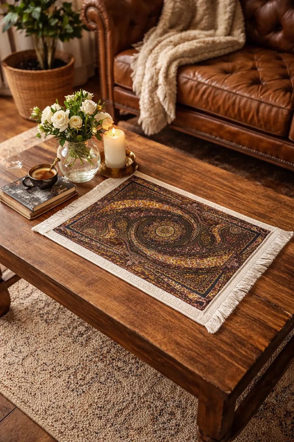 Vintage Persian Style Bamboo Rug, Washable Table Accent, Boho Farmhouse Decor