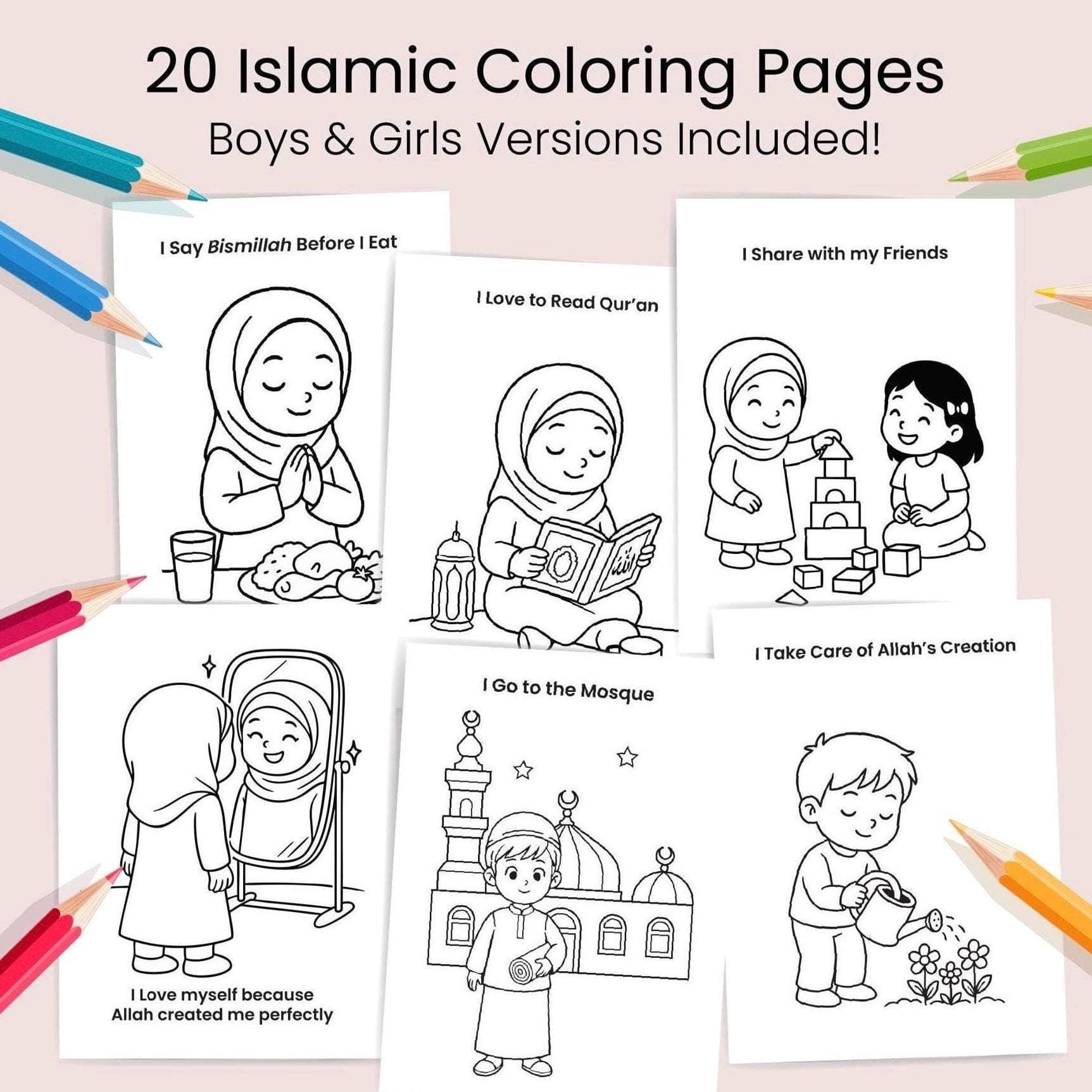 20 Islamic Coloring Pages for Kids – Muslim Manners Coloring Sheets, Printable PDF
