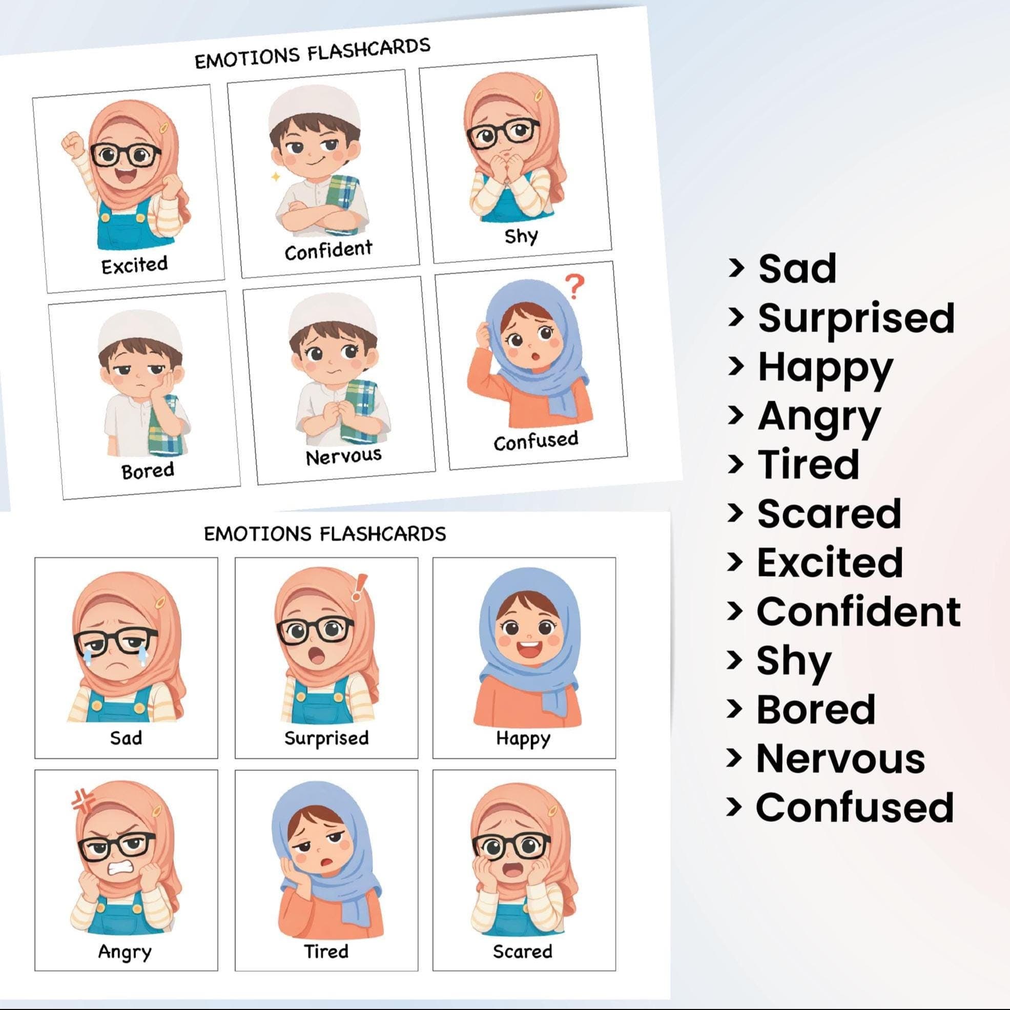 Emotion Flashcards for Kids – Muslim Friendly Illustration | 12 Feelings + My Emotion Pages - image 3