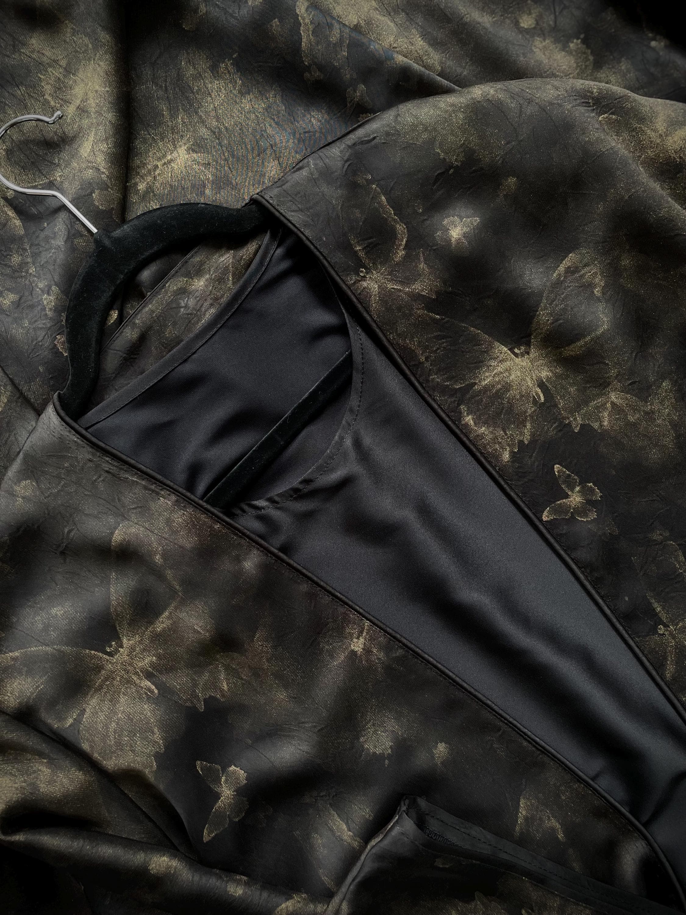 Black and Gold Butterfly Print Satin Abaya,Two Piece Inner/Coat With Hijab/Shawl